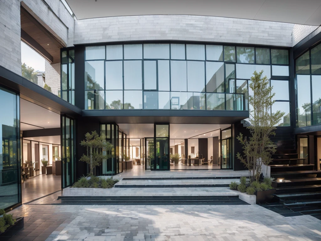 3D render of a beautiful house, Dark, gray tones, white wall. lumion render, night time render, insanely detailed rendering, realistic architecture, architectural visualization. The house is adorned with elegant lighting and plants to enhance its exterior appearance in a Vietnam city street. The staircase leading into the house is tiled with black marble and has bright LED lights. Behind are hills and mountains with clear blue sky. balcony with green plants. The main door is made of black aluminum and glass reaching up to the ceiling. Looking through the glass windows to look inside the house with luxurious interiors with luxurious and warm lights, interior lighting rendering and lighting effects. marble and wood and glass, dark and modern, luxcore render, taken with professional photography techniques, using a wide angle lens with bright natural light and high resolution details, in the style of professional photograph, hyper realistic, highly detailed.