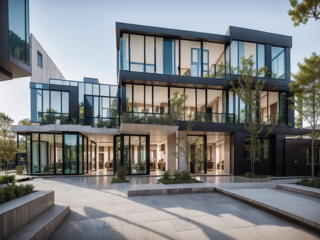 3D render of a beautiful house, Dark, gray tones, white wall. lumion render, night time render, insanely detailed rendering, realistic architecture, architectural visualization. The house is adorned with elegant lighting and plants to enhance its exterior appearance in a Vietnam city street. The staircase leading into the house is tiled with black marble and has bright LED lights. Behind are hills and mountains with clear blue sky. balcony with green plants. The main door is made of black aluminum and glass reaching up to the ceiling. Looking through the glass windows to look inside the house with luxurious interiors with luxurious and warm lights, interior lighting rendering and lighting effects. marble and wood and glass, dark and modern, luxcore render, taken with professional photography techniques, using a wide angle lens with bright natural light and high resolution details, in the style of professional photograph, hyper realistic, highly detailed.