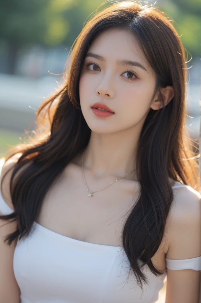 Film portrait photography, 1 girl, bare shoulders,lipstick,(flat chest:1.4), Shoulder length wavy hair, wear necklace,Headbands,short sleeves,serene, calm, (Realistic and detailed eyes, natural skin texture, Realistic facial details), Soft dramatic lighting, depth of field, Bokeh, Vibrant details, detailed meticulous, hyper-realistic, 35mm film, hazy, ,