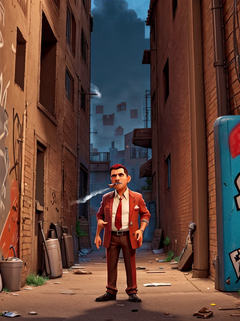a group of mafia gangs were smoking and drinking. someone vomits against a graffiti background in a corner alley of the city with red highlights