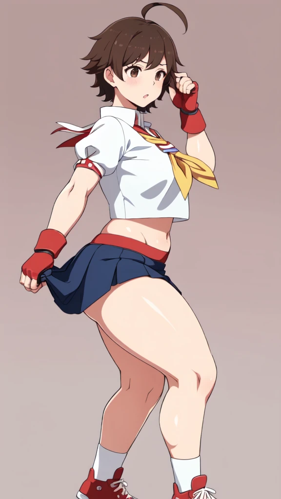 masterpiece, Highest quality,  High resolution,  1girl, 独奏, Sakura MS,  kasugano sakura, milf, shiny, oily skin, Brown eyes, Brown Hair, short hair, bangs, Ahoge, head band, , Puffy sleeves, Crop top, neckerchief, midriff, ((blue mini skirt)), ultra short skirt, Fingerless gloves, Thighs Thighs Thighs, (thick thighs, voluptuous thighs, ample thighs), White socks, Red footwear, Very detailed, More detailed,Proper body balance,Ultra-high quality output images,High resolution,Intricate details,Very delicate and beautiful hair, simple background, Embarrassed look, discovery stance, Bare legs, full body, from side,