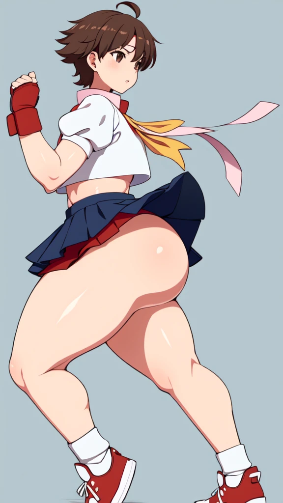 masterpiece, Highest quality, High resolution, 1girl, 独奏, Sakura MS, kasugano sakura, milf, shiny, oily skin, Brown eyes, Brown Hair, short hair, bangs, Ahoge, head band, , Puffy sleeves, Crop top, neckerchief, midriff, ((blue mini skirt)), ultra short skirt, Fingerless gloves, Thighs Thighs Thighs, (thick thighs, voluptuous thighs, ample thighs), White socks, Red footwear, Very detailed, More detailed,Proper body balance,Ultra-high quality output images,High resolution,Intricate details,Very delicate and beautiful hair, simple background, Embarrassed look, discovery stance, Bare legs, full body, from side,