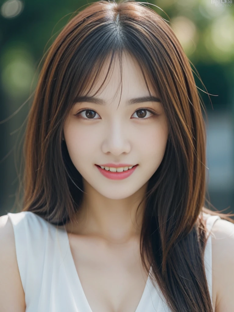 Angelic Very beautiful cute girl,
Beautiful detailed eyes, 
Detailed double eyelids,
(Large eyes:1.3),long eyelashes,
see-through bangs,
(beautiful detailed face and eyes:1.4), 
small nose,
small mouth, 
Beautiful long hair,
happy smiling with visible teeth,
(Best Quality:1.2),
Raw photo, 
High resolution, 
perfect  detail, 
Professional Photography, Beautiful woman in black underwear、Beautiful legs,Body、Beautiful breasts, Lighting for,Walking, In the city,Brown hair,