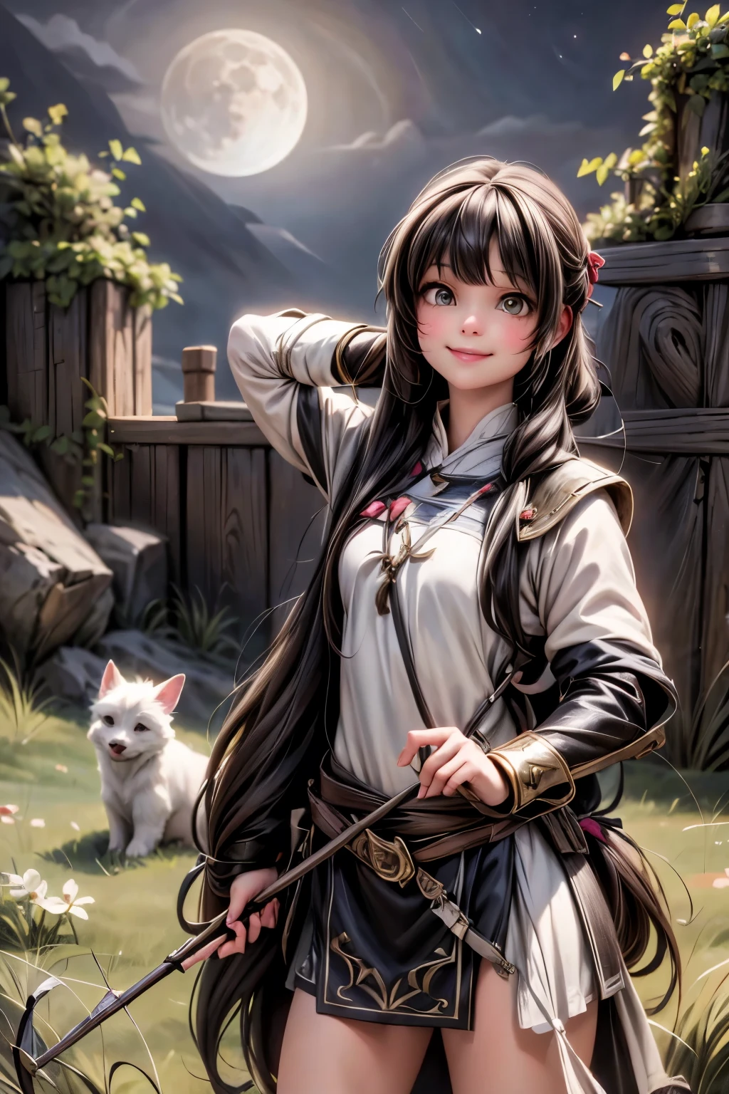 an ((archer)) girl smiling , ((holding)) a bow, wearing an archer armor, accompanied by her dog, fantasy art style, night scene, moon