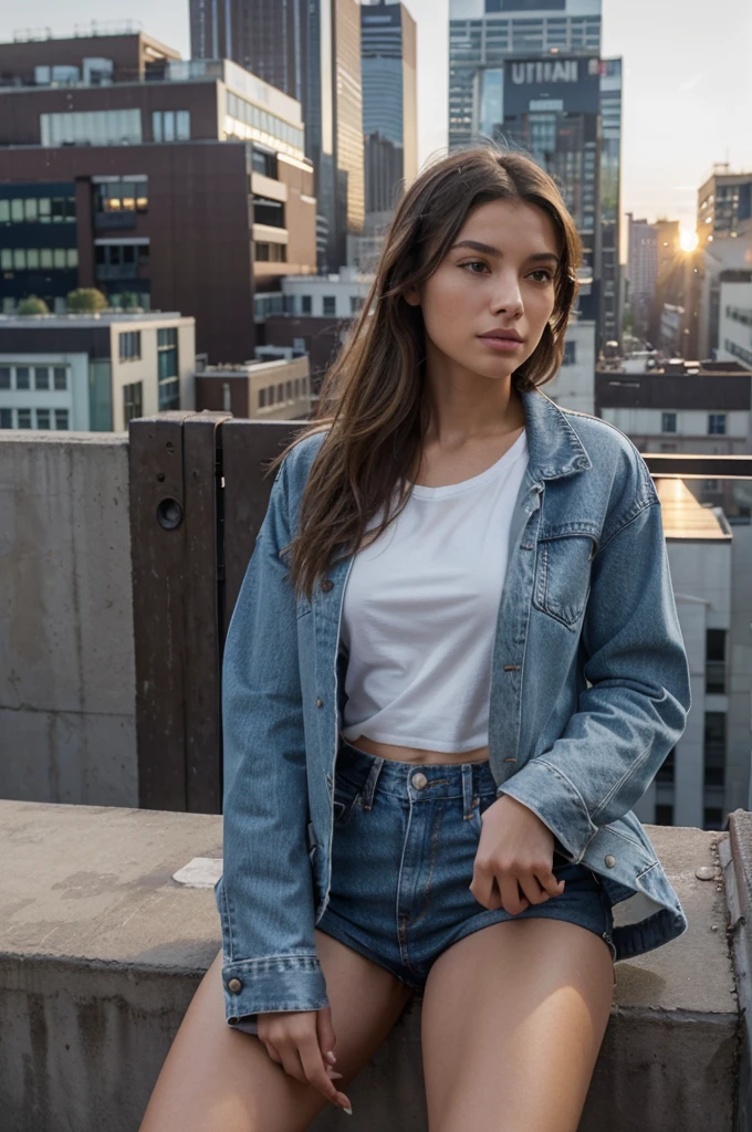 A highly detailed ultra-realistic scene features a model in a classic denim jacket and a white tee sitting on a city rooftop terrace. The model, with lifelike facial features including slight imperfections, gazes thoughtfully over the skyline. The setting sun casts a warm, golden glow over the scene, highlighting the textures of the denim and the casual, trendy clothing that perfectly complements the urban environment. The model's pose is natural, adding to the realism, while the city's architectural details in the background enhance the authenticity of the setting. The overall atmosphere is one of serene contemplation, capturing a moment of quiet amidst the bustling city.