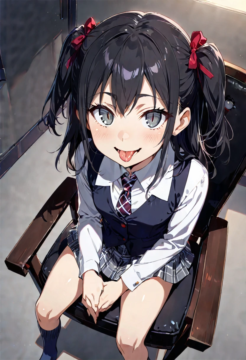 handjob,Sit in a black chair,side view,uniform,shirt,Checked tie,Checked Skirt,Navy Socks,first round,(1girl,Beautiful 14 year old girl),((Slender,,low length,Small breasts,Thin legs,Small Ass,Baby Face,Small face)),lick,open mouth,tongue out,cum on tongue,front face,from front,looking at viewer, looking ahead,from above,cowboy shot,Black Hair,two side up,Gray Eyes,Drooping eyes,slit pupils,narrow eyes.middle School girls,Beautiful and detailed anime art,Mischievous smile,Sexy vibe,Dimly lit room,Simple Background,Gray background,Low lighting

