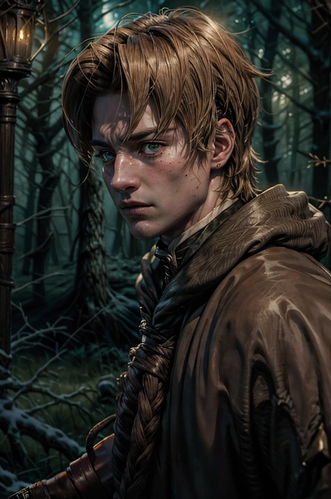 A man in realistic portrait of high quality and detail, 2000's movie style, 18 years old, Rudeus Greyrat (Mushoku Tensei). dark and mysterious atmosphere, sharp features, detailed face, sad expression, pale skin, glow, solo, 1man, fantasy, Depth & Perspective, Mystical powers, fine face,  dark and moody lighting, portrait, contrasting colors, dark forest on the background, he stands near the tree, subtle shadows, mysterious atmosphere, a tall, well-built man with a handsome appearance. He has light brown hair and green eyes, and he also has a mole under his left eye, looking at viewer, (ultra-high detail:1.2), Masterpiece, Best Quality, Ultra-detailed, Cinematic lighting, 8K, delicate features, cinematic, 35 mm lens, f/1.9, highlight lighting, global lighting –uplight –v 4, cinematic, intense gaze, Cinematic lighting, 8K, high quality, Highest Quality, (Solo Focus), (extremly intricate:1.3), (Realistic), dramatic, masterful, Analog style, (Film grain:1.5), (warm hue, cold tone)