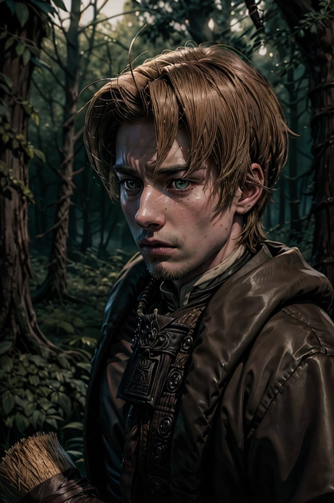 A man in realistic portrait of high quality and detail, 2000's movie style, 18 years old, Rudeus Greyrat (Mushoku Tensei). dark and mysterious atmosphere, sharp features, detailed face, sad expression, pale skin, glow, solo, 1man, fantasy, Depth & Perspective, Mystical powers, fine face,  dark and moody lighting, portrait, contrasting colors, dark forest on the background, he stands near the tree, subtle shadows, mysterious atmosphere, a tall, well-built man with a handsome appearance. He has light brown hair and green eyes, and he also has a mole under his left eye, looking at viewer, (ultra-high detail:1.2), Masterpiece, Best Quality, Ultra-detailed, Cinematic lighting, 8K, delicate features, cinematic, 35 mm lens, f/1.9, highlight lighting, global lighting –uplight –v 4, cinematic, intense gaze, Cinematic lighting, 8K, high quality, Highest Quality, (Solo Focus), (extremly intricate:1.3), (Realistic), dramatic, masterful, Analog style, (Film grain:1.5), (warm hue, cold tone)