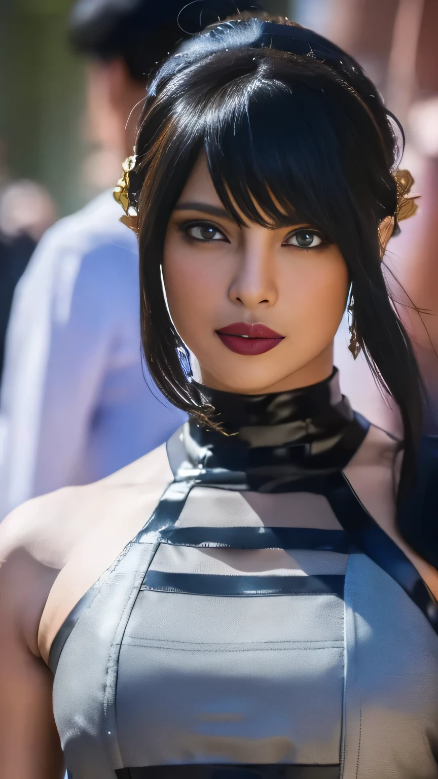 Priyanka Chopra as Yor, Yor forger, anime, spy x family, ((anime cosplay)), 1 girl, wide range photoshoot, wide range, (milf), beautiful face, clear face, ((hot body)), ((yor dress)), ((spyxfamily)), spy x family, ((assassin suit dress)), ((cosplay dress)), ((((Huge breasts: 0.8)))), ((no breasts)), coverd, (((Realistic))), ((well dressed)), waist curve pose, front side, (8k, RAW photo, top quality, masterpiece), (Realistic, photorealistic: 1.9), ((Full body shot)), stylish pose, ((Highly detailed skin: 1.2)), ((Realistic: 1.9)), Photos, masterpieces, top quality, (beautiful blue eyes, gorgeous pale grey black curly hair, white skin, thick body, lower abdomen bristles, perfect slim figure), various poses, ultra-detailed face, detailed eyes, a lot of people are looking at her with excitement, (((close-up)))