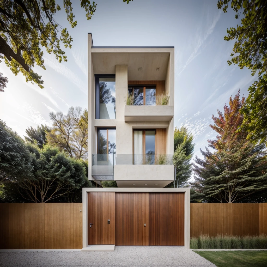 1 architecte moderne, main material by white wall and wood, 1 large courtyard, 1 road passes in front of the house,  (Photo brute, real, best quality, head of&#39;artwork:1.2), avoir l&#39;modern and minimalist look, 1 route devant la maison, dynamic lighting:1.3, (hyper realistic, photo-realistic:1.2), High quality, (dark lighting:1.2), perfect lighting, archquotidiennement, no&#39;humain