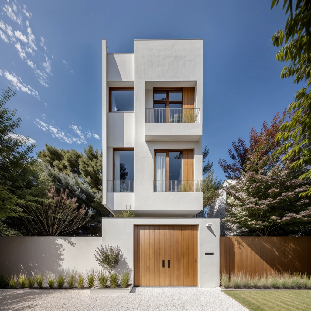 1 architecte moderne, main material by white wall and wood, 1 large courtyard, 1 road passes in front of the house,  (Photo brute, real, best quality, head of&#39;artwork:1.2), avoir l&#39;modern and minimalist look, 1 route devant la maison, dynamic lighting:1.3, (hyper realistic, photo-realistic:1.2), High quality, (dark lighting:1.2), perfect lighting, archquotidiennement, no&#39;humain