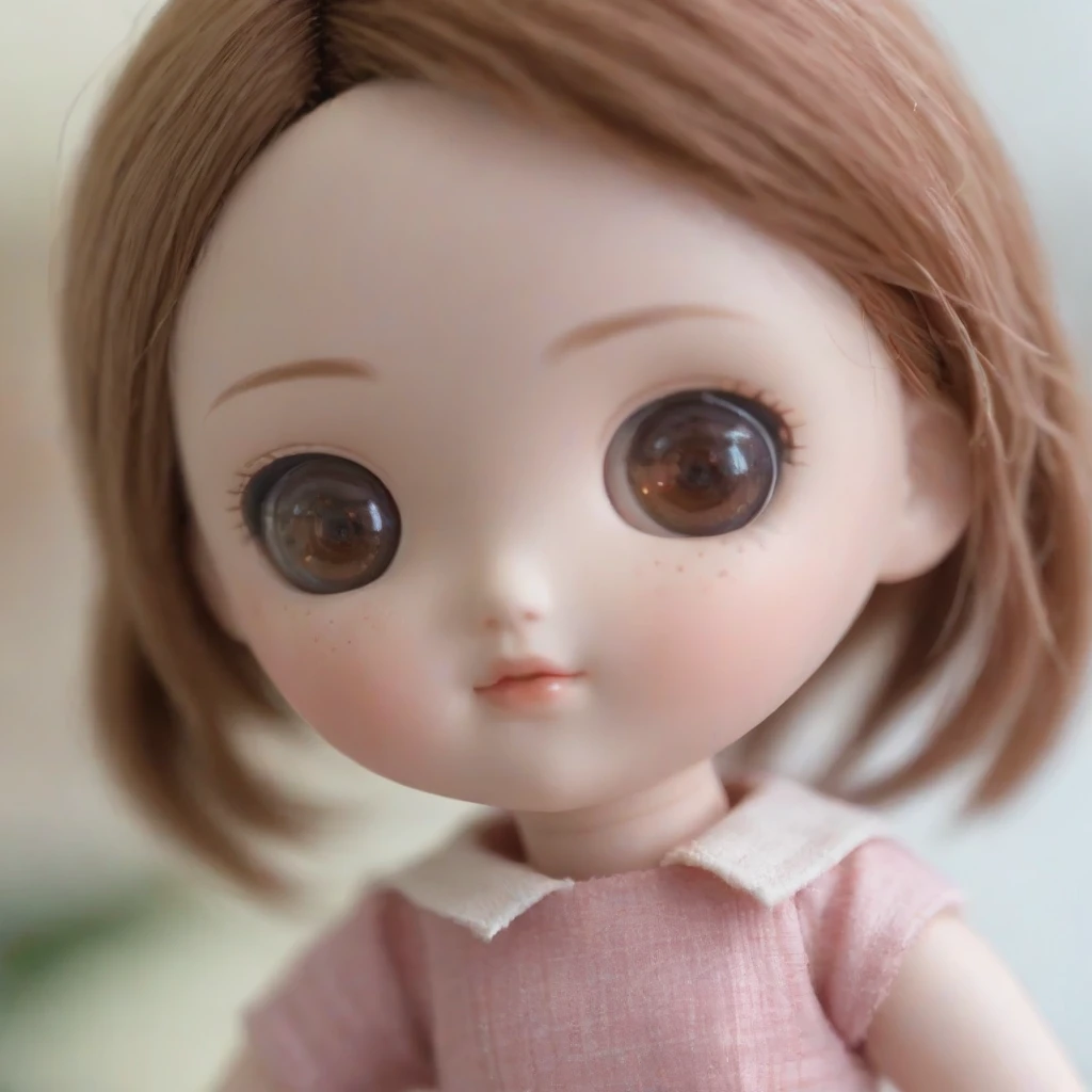 close up photo of a cute doll toy with short pink and brown hair , photography, tilt blur, Product-View, 4k, Ultra-HD