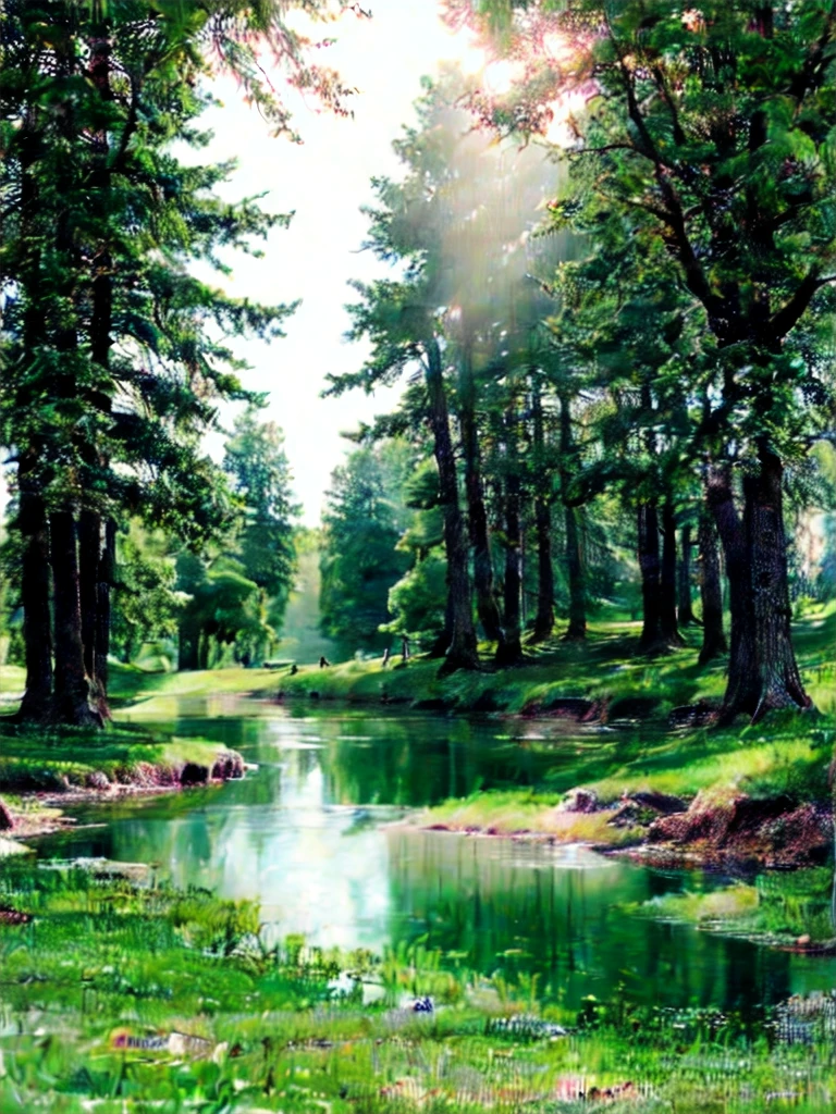 Generate an image of a serene and bright forest scene, with a crystal-clear river flowing gently through the center. The trees are so clear, with bright green leaves and rugged, natural trunks. The forest floor is covered with a soft layer of bright green grasses, and the air is filled with the warm, golden light of a sunny afternoon. The river's surface reflects the trees and sky above, creating a sense of perfect symmetry and tranquility. The pebbels are sinked at corner of river very clearly visible. The image should be highly detailed and realistic, with a focus on capturing the natural beauty, brighter view and peaceful atmosphere of the forest. 
#Realistic 
(masterpiece:1.2), best quality,PIXIV, Day scene,
 