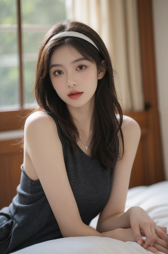 Film portrait photography, 1 girl, bare shoulders,lipstick，（flat chest：1.4）， Shoulder length wavy hair, wear necklace，Headbands，short sleeves，serene, calm, (Realistic and detailed eyes, natural skin texture, Realistic facial details), Soft dramatic lighting, depth of field, Bokeh, Vibrant details, detailed meticulous, hyper-realistic, 35mm film, hazy, in room