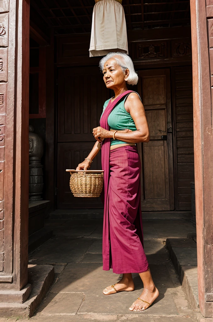 indian old lady cartoon wokring hard in temple