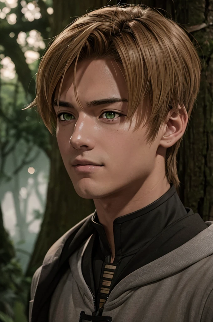 In realistic painting portrait of high quality and detail, Rudeus Greyrat (Mushoku Tensei), 2000's movie style, 1man, full body, 18-year-old man, sharp features, detailed face, sad smiling expression, a tall, well-built man with a handsome appearance. He has light brown hair and green eyes, and he also has a mole under his left eye, dark and moody lighting, portrait, contrasting colors, subtle shadows, mysterious atmosphere, outdoors, dark forest on the background, he stands near the tree, (ultra-high detail:1.2), Masterpiece, Best Quality, Ultra-detailed, Cinematic lighting, 8K, delicate features, cinematic, 35 mm lens, f/1.9, highlight lighting, global lighting –uplight –v 4, Cinematic lighting, 8K, high quality, Highest Quality, (Solo Focus), (extremly intricate:1.3), (Realistic), masterful, Analog style, (Film grain:1.5), (warm hue, cold tone), Mystical powers, fantasy, Depth & Perspective, movie style, dark and mysterious atmosphere, 