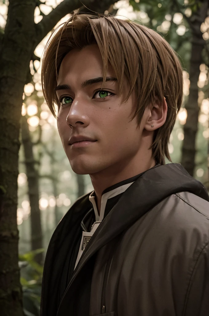 In realistic painting portrait of high quality and detail, Rudeus Greyrat (Mushoku Tensei), 2000's movie style, 1man, full body, 18-year-old man, sharp features, detailed face, sad smiling expression, a tall, well-built man with a handsome appearance. He has light brown hair and green eyes, and he also has a mole under his left eye, dark and moody lighting, portrait, contrasting colors, subtle shadows, mysterious atmosphere, outdoors, dark forest on the background, he stands near the tree, (ultra-high detail:1.2), Masterpiece, Best Quality, Ultra-detailed, Cinematic lighting, 8K, delicate features, cinematic, 35 mm lens, f/1.9, highlight lighting, global lighting –uplight –v 4, Cinematic lighting, 8K, high quality, Highest Quality, (Solo Focus), (extremly intricate:1.3), (Realistic), masterful, Analog style, (Film grain:1.5), (warm hue, cold tone), Mystical powers, fantasy, Depth & Perspective, movie style, dark and mysterious atmosphere, 