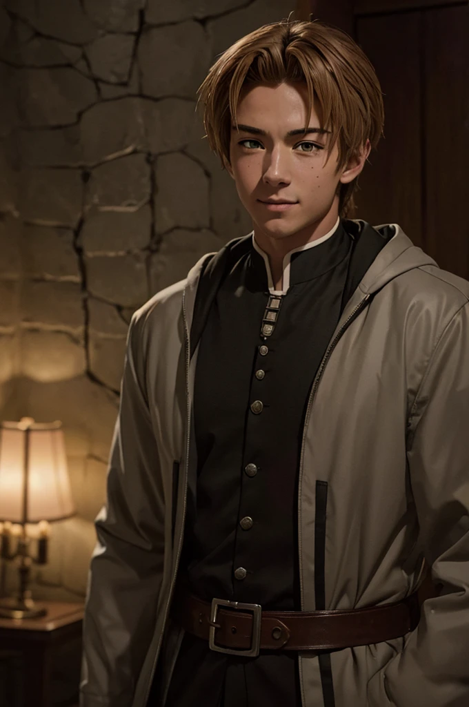 In realistic painting portrait of high quality and detail, Rudeus Greyrat (Mushoku Tensei), 2000's movie style, 1man, full body, 18-year-old man, sharp features, detailed face, sad smiling expression, a tall, well-built man with a handsome appearance. He has light brown hair and green eyes, and he also has a mole under his left eye, dark and moody lighting, portrait, contrasting colors, subtle shadows, mysterious atmosphere, outdoors, dark forest on the background, he stands near the tree, (ultra-high detail:1.2), Masterpiece, Best Quality, Ultra-detailed, Cinematic lighting, 8K, delicate features, cinematic, 35 mm lens, f/1.9, highlight lighting, global lighting –uplight –v 4, Cinematic lighting, 8K, high quality, Highest Quality, (Solo Focus), (extremly intricate:1.3), (Realistic), masterful, Analog style, (Film grain:1.5), (warm hue, cold tone), Mystical powers, fantasy, Depth & Perspective, movie style, dark and mysterious atmosphere,