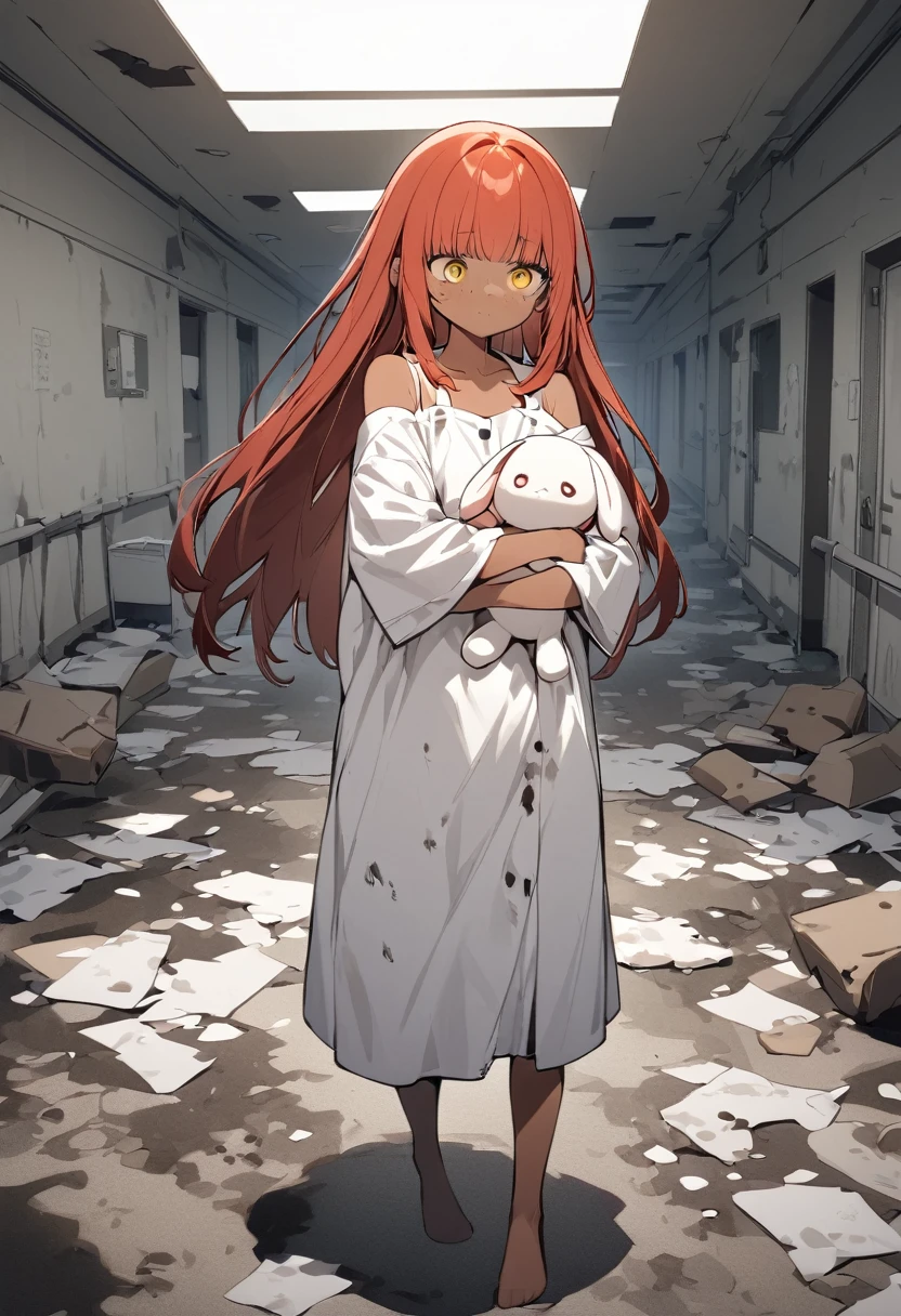 full body,1 girl, Android girl, (cute:1.3),red Hair, long hair,left eye yellow, right eye blus, tan skin, freckles, {Bare shoulders, oversized torn hospital gown, old, dirty material, emotionless eyes, holding rabbit plushie, sad face, no shoes, abandoned hospital 
