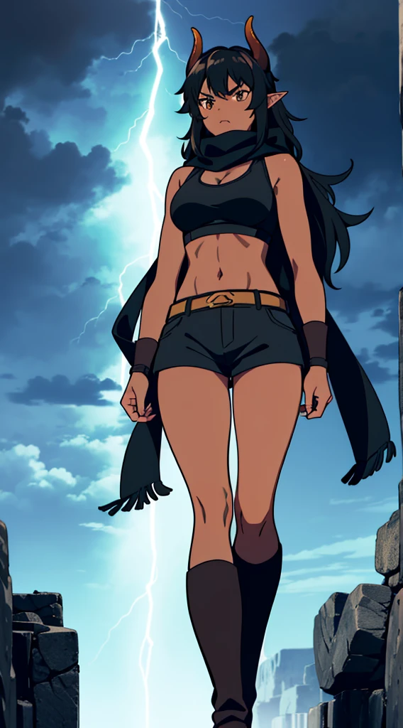 (1girl ,25s,adult,mature female),long hair, black hair,horns,elf ears,((black scarf)),cleavage,((dark skin)),(black sports bra,black sports, shorts, midriff),angry,walking,from below, montains,lightnings,thunders,night,thunder clouds,leather boots