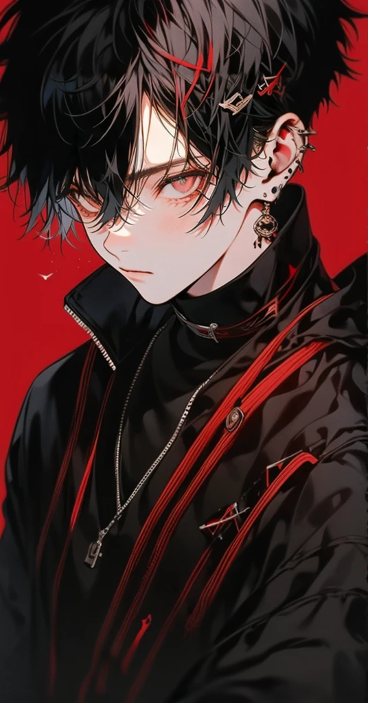 black short hair,red eye,1 cool boy,black clothes
