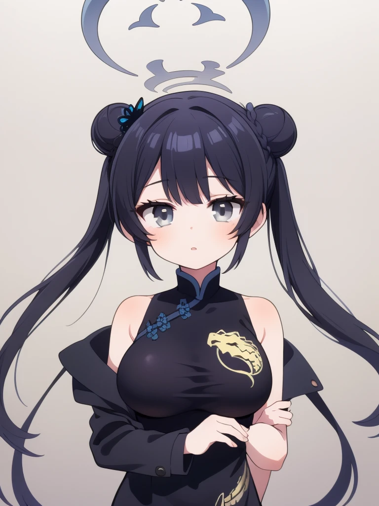 (masterpiece, best quality), 1girl,   kisaki, grey eyes, black hair, hair bun, double bun, twintails, butterfly hair ornament, halo,, china dress, black dress, sleeveless, dragon print, coat, gloves, upper body, big breast