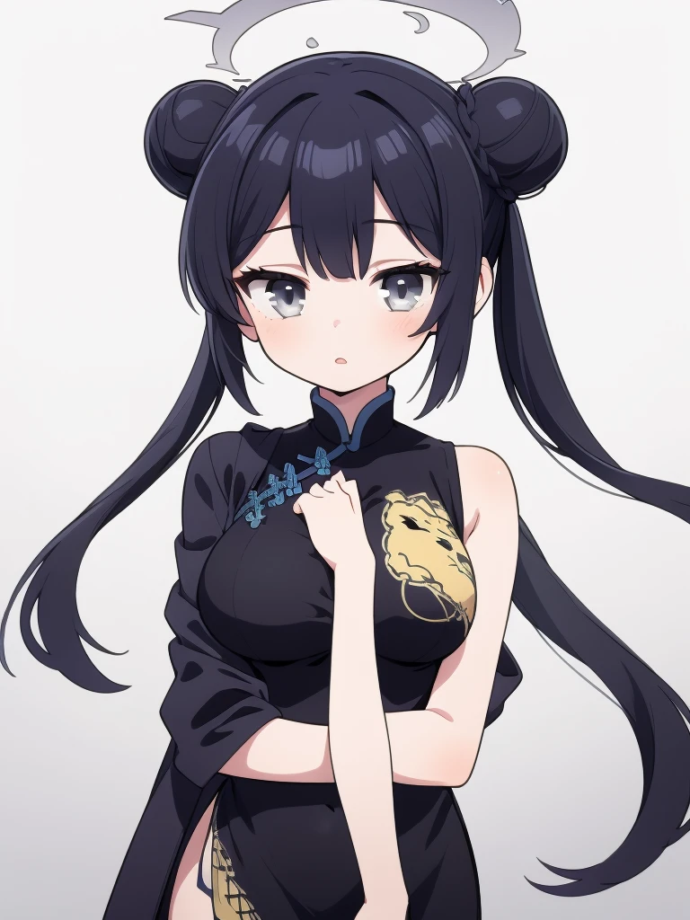 (masterpiece, best quality), 1girl,   kisaki, grey eyes, black hair, hair bun, double bun, twintails, butterfly hair ornament, halo,, china dress, black dress, sleeveless, dragon print, coat, gloves, upper body, big breast