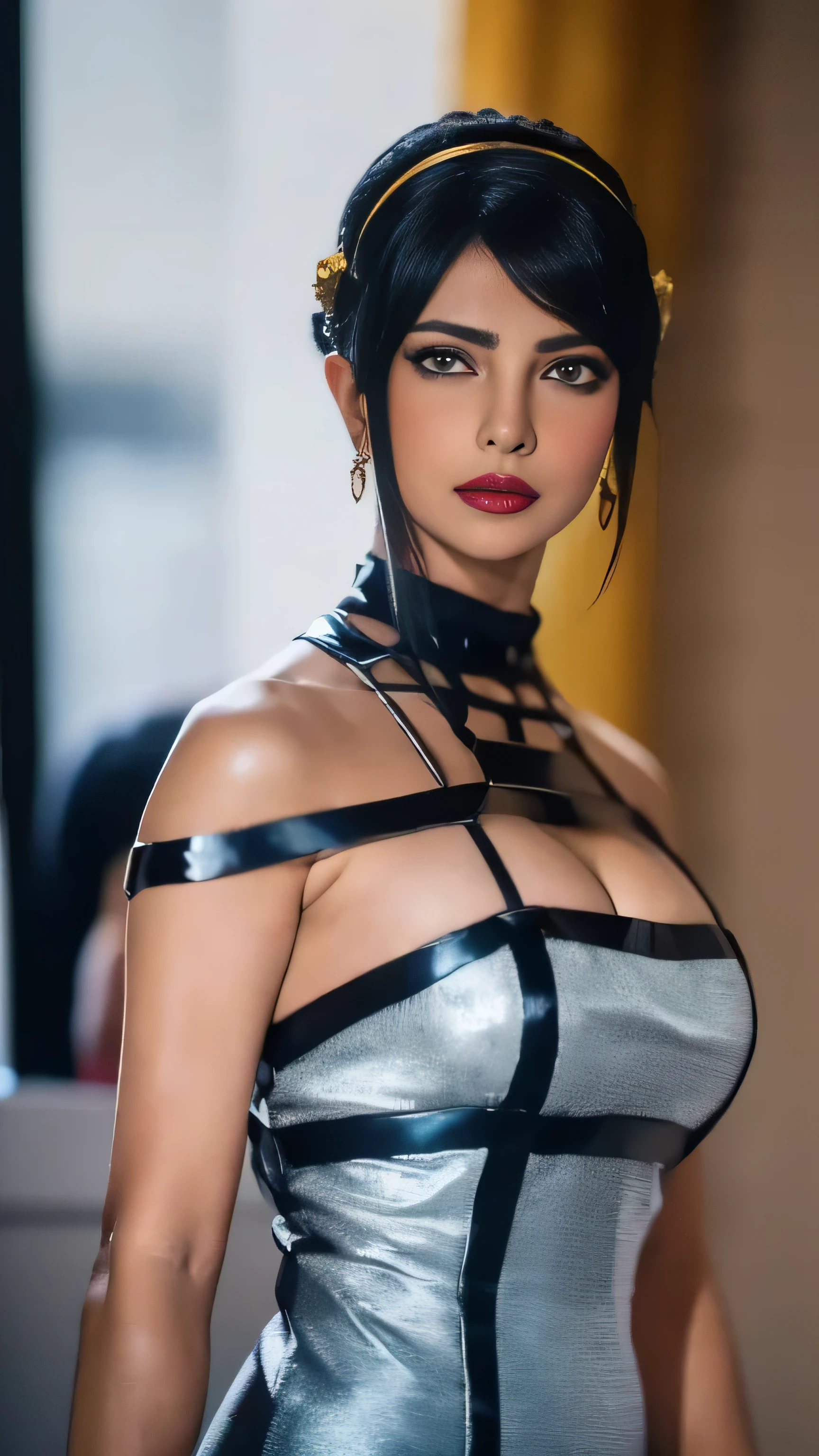 Priyanka Chopra as Yor, Yor forger, anime, spy x family, ((anime cosplay)), 1 girl, wide range photoshoot, wide range, (milf), beautiful face, clear face, ((hot body)), ((yor dress)), ((spyxfamily)), spy x family, ((assassin suit dress)), ((cosplay dress)), ((((Huge breasts: 0.8)))), ((no breasts)), coverd, (((Realistic))), ((well dressed)), waist curve pose, front side, (8k, RAW photo, top quality, masterpiece), (Realistic, photorealistic: 1.9), ((Full body shot)), stylish pose, ((Highly detailed skin: 1.2)), ((Realistic: 1.9)), Photos, masterpieces, top quality, (beautiful blue eyes, gorgeous pale grey black curly hair, white skin, thick body, lower abdomen bristles, perfect slim figure), various poses, ultra-detailed face, detailed eyes, a lot of people are looking at her with excitement, (((close-up)))