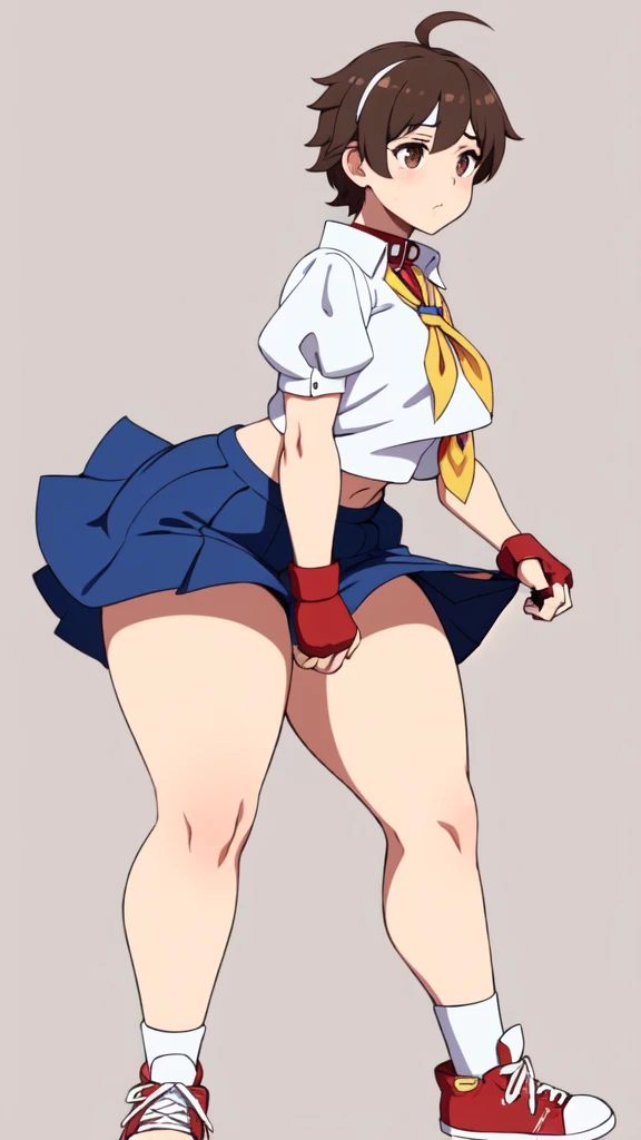 girl standing in school classroom,sailor shirt,micro mini skirt,18-year-old,bangs,a little smiles,thighs,crotch,knees,short cut hair,ponytail,from below,acjc