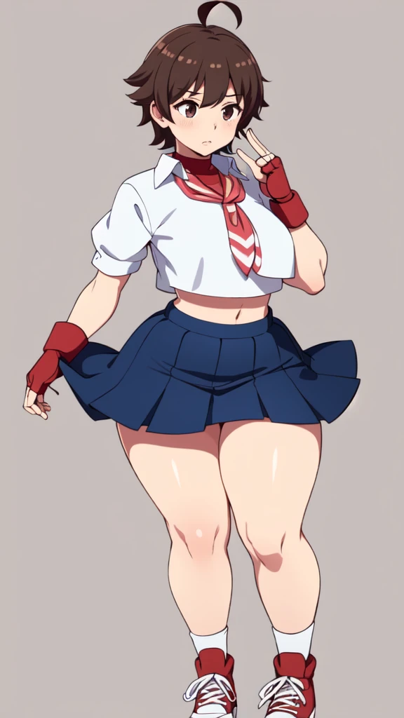 masterpiece, Highest quality,  High resolution,  1girl, 独奏, Sakura MS,  kasugano sakura, milf, shiny, oily skin, Brown eyes, Brown Hair, short hair, bangs, Ahoge, head band, , Puffy sleeves, Crop top, neckerchief, midriff, ((blue mini skirt)), ultra short skirt, Fingerless gloves, Thighs Thighs Thighs, (thick thighs, voluptuous thighs, ample thighs), White socks, Red footwear, Very detailed, More detailed,Proper body balance,Ultra-high quality output images,High resolution,Intricate details,Very delicate and beautiful hair, simple background, Embarrassed look, discovery stance, Bare legs, full body,