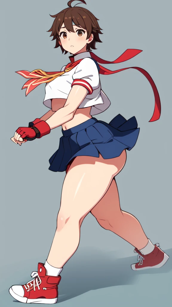 masterpiece, Highest quality,  High resolution,  1girl, 独奏, Sakura MS,  kasugano sakura, milf, shiny, oily skin, Brown eyes, Brown Hair, short hair, bangs, Ahoge, head band, , Puffy sleeves, Crop top, neckerchief, midriff, ((blue mini skirt)), ultra short skirt, Fingerless gloves, Thighs Thighs Thighs, (thick thighs, voluptuous thighs, ample thighs), White socks, Red footwear, Very detailed, More detailed,Proper body balance,Ultra-high quality output images,High resolution,Intricate details,Very delicate and beautiful hair, simple background, Embarrassed look, discovery stance, Bare legs, full body, (from side:0.7),