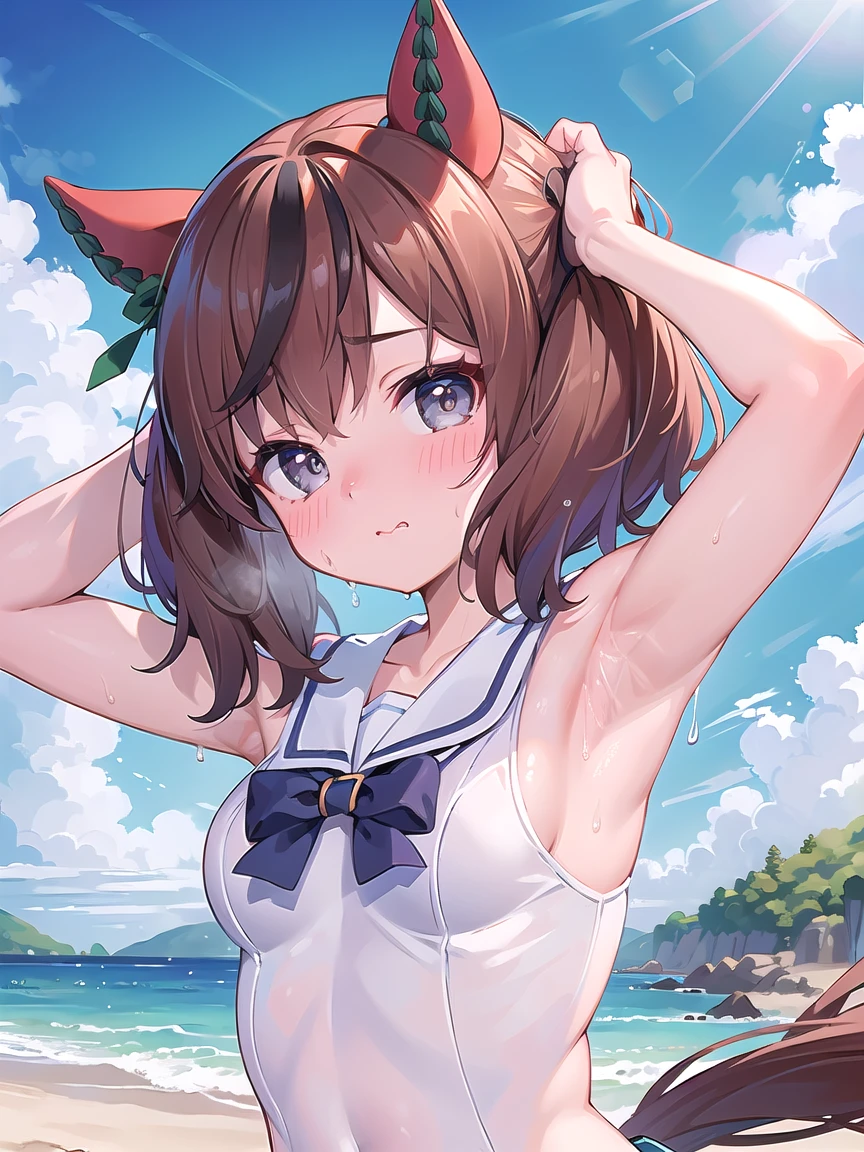 ((masterpiece, best quality)), high resolution,ultra detailed,8k,16k,detailed background, perfect lighting,detailed beautiful eyes, 1girl,solo,embarrassed,blush,in heat,look at viewer,face focus,(steam,sweat,from front,upper body:1.2),provocative eyes,wavy mouth,fisheye lens,(show off armpits,arms up:1.3)
,kawaii,teenage,short stature,short body,medium breast,nicenature,
school swimsuit,brown hair,gray eyes,short twintail,seaside beach,sky