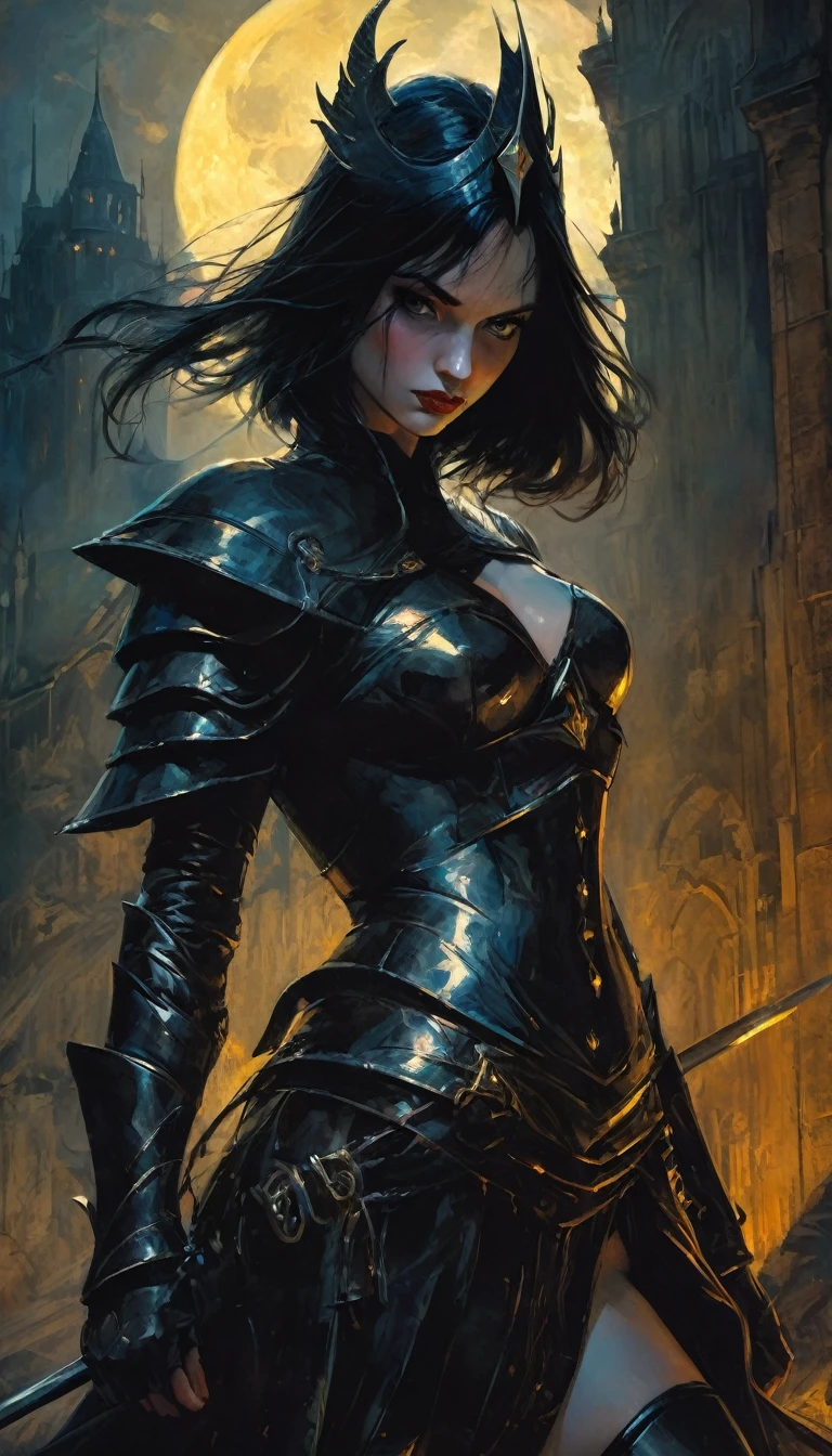 The sexy and dark warrior girl, dark castle, night(art inspired by Bill Sienkiewicz). oil painting)(best quality,4k,8k,highres,masterpiece:1.2),ultra-detailed,(realistic,photorealistic,photo-realistic:1.37),intricate details,vivid colors,sharp focus,professional,Dave McKean artwork, oil touch of surrealism,oil painting style
