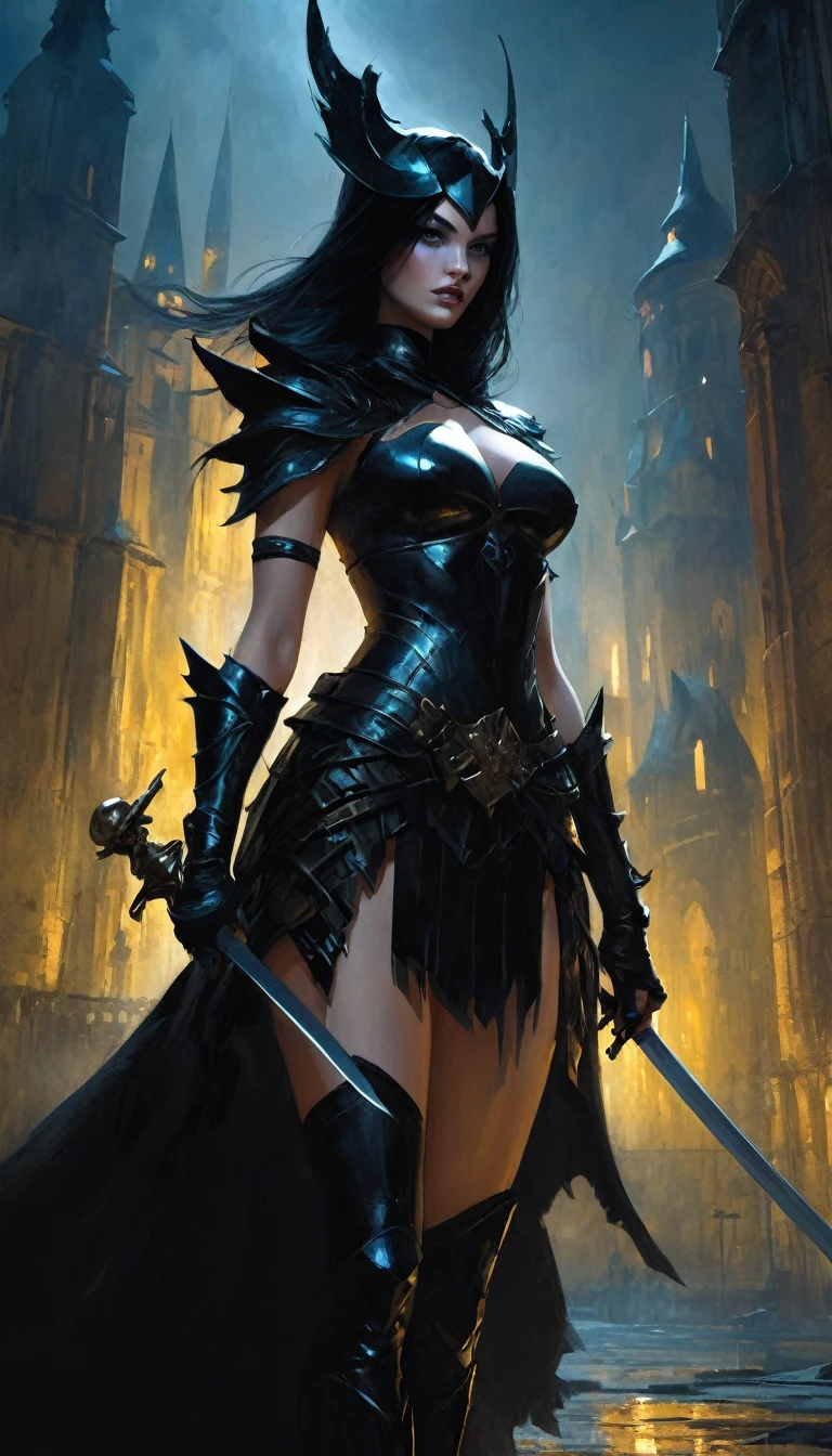 The sexy and dark warrior girl, dark castle, night(art inspired by Bill Sienkiewicz). oil painting)(best quality,4k,8k,highres,masterpiece:1.2),ultra-detailed,(realistic,photorealistic,photo-realistic:1.37),intricate details,vivid colors,sharp focus,professional,Dave McKean artwork, oil touch of surrealism,oil painting style