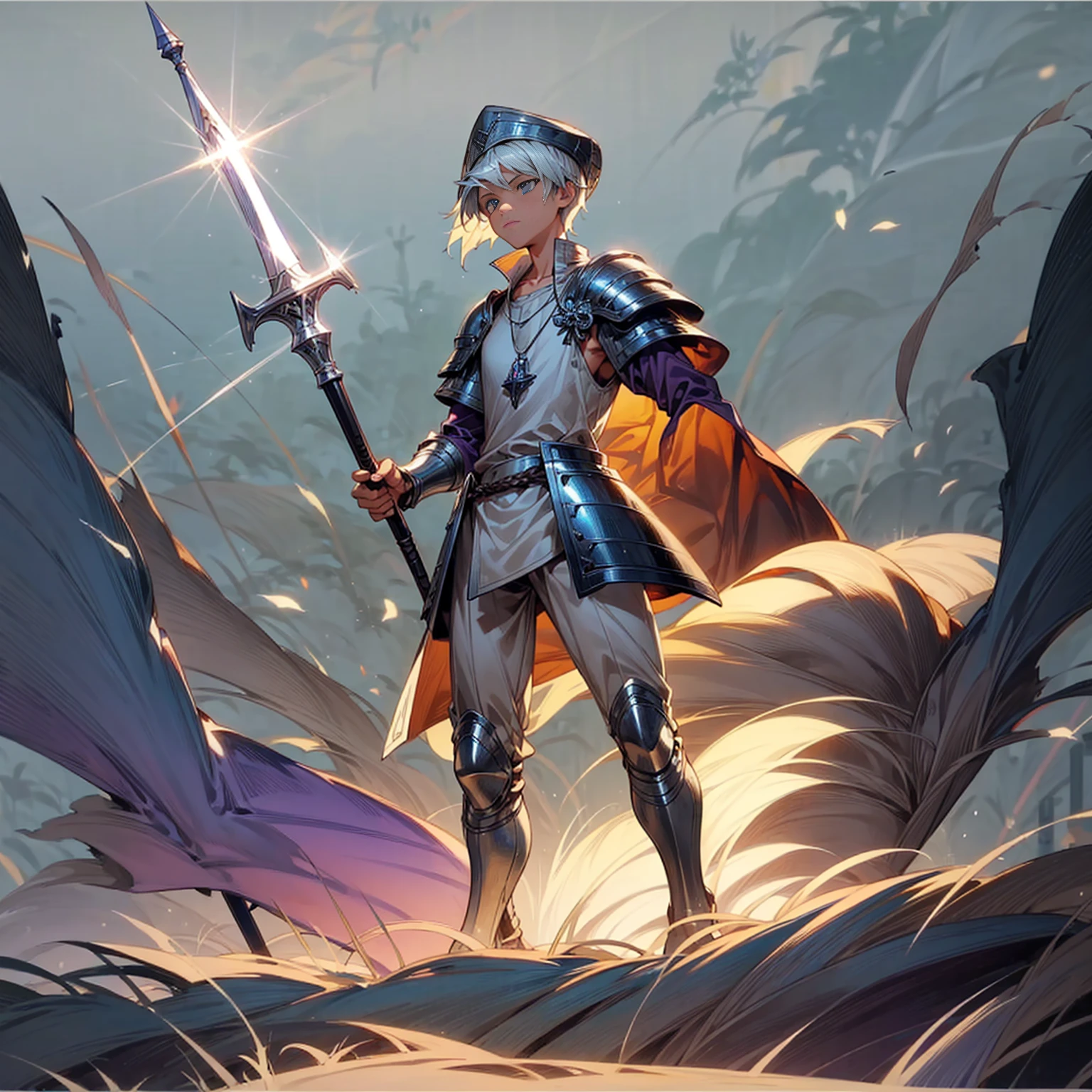 1boy, Full body version, 1character, blue eyes color, sad eyes, eyeliner, tan skin, classic fade haircut, almond eyes type, brown colour hair, medieval clothing style, breton hat, armor body, purple color clothing, silver necklaces, armor on hand, silver spear in hand, Grassroots background in field town, motion blur