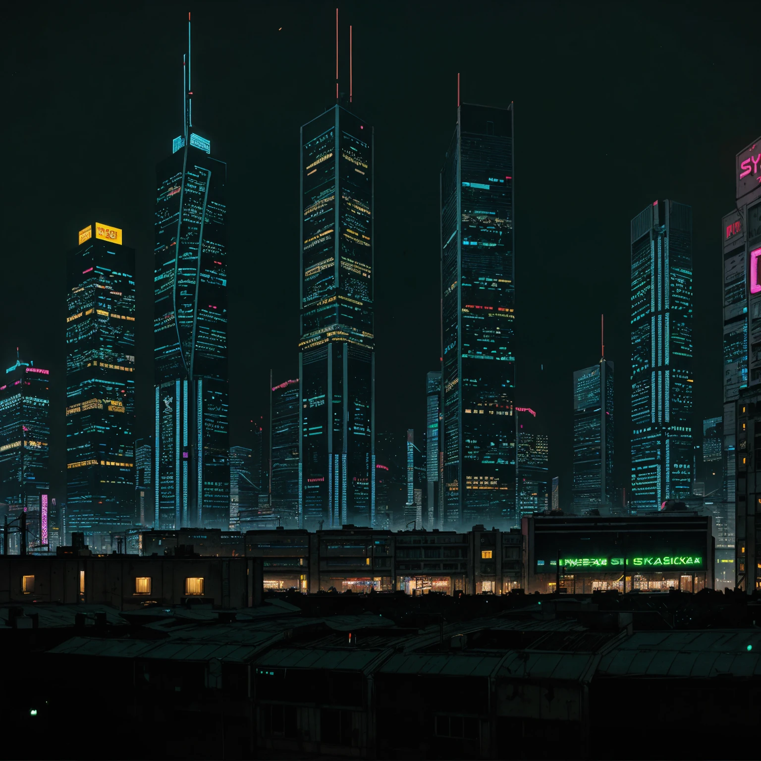 (masterpiece), (cyberpunk park), (street), (cyberpunk city neon lights), (skyscrapers), (realistic illustration), (cinematic), (night), (city skylines)