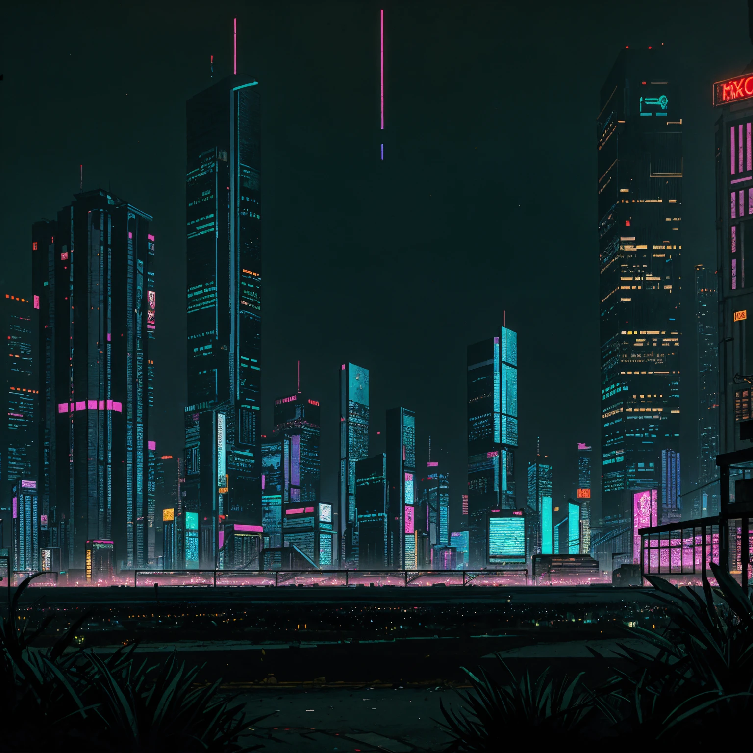 (masterpiece), (cyberpunk park), (street), (cyberpunk city neon lights), (skyscrapers), (realistic illustration), (cinematic), (night), (city skylines)