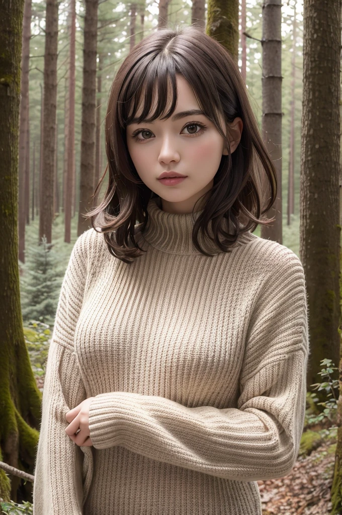 ((best qualityer)), ((work of art)), (detailded), 1 girl, ombro to ombro sweater, two women, beautiful, extremely lifelike, forest background