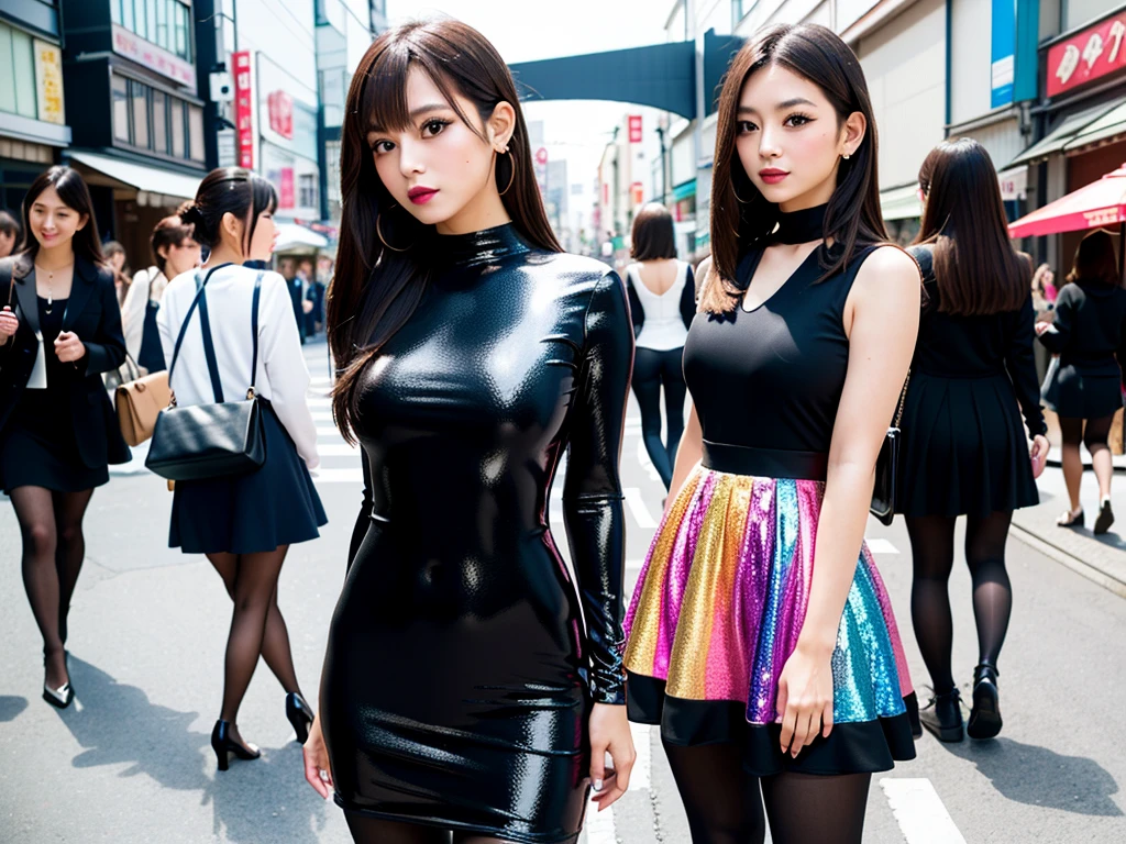 high quality, high resolution,Scenery of the city in Japan,One girl with multiple girls in the background,Detailed output of the girl in the background,Spandex dress,The girl in the background is also wearing the same dress.,Colorful dress,Wearing super shiny pantyhose,Brainwashing Makeup,Heavy makeup,Dark eyeshadow,Dark lipstick