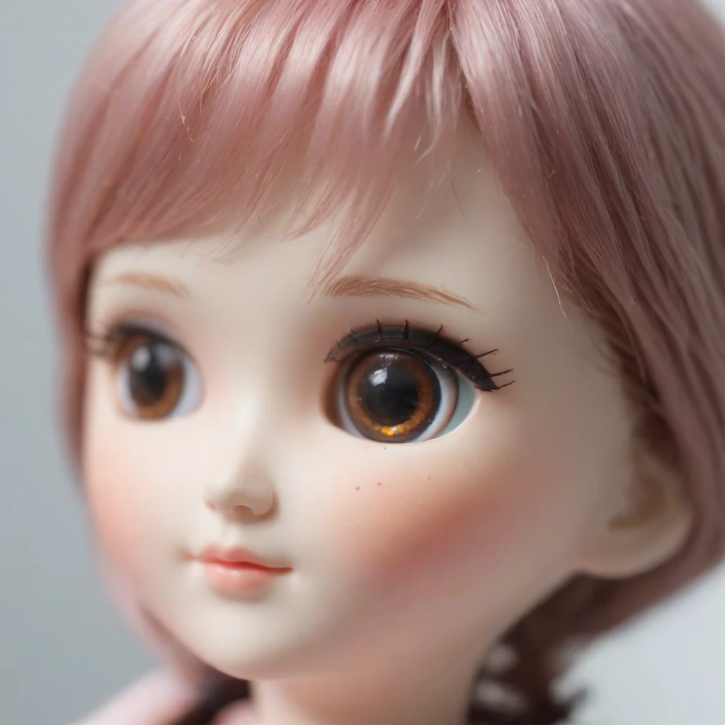 close up photo of a cute doll toy with short pink and brown hair , photography, tilt blur, Product-View, 4k, Ultra-HD