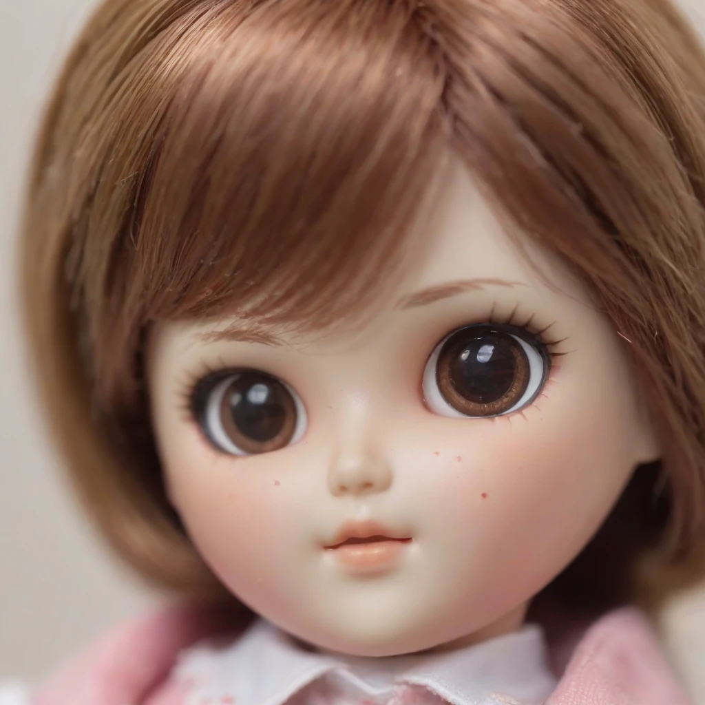 close up photo of a cute doll toy with short pink and brown hair , photography, tilt blur, Product-View, 4k, Ultra-HD