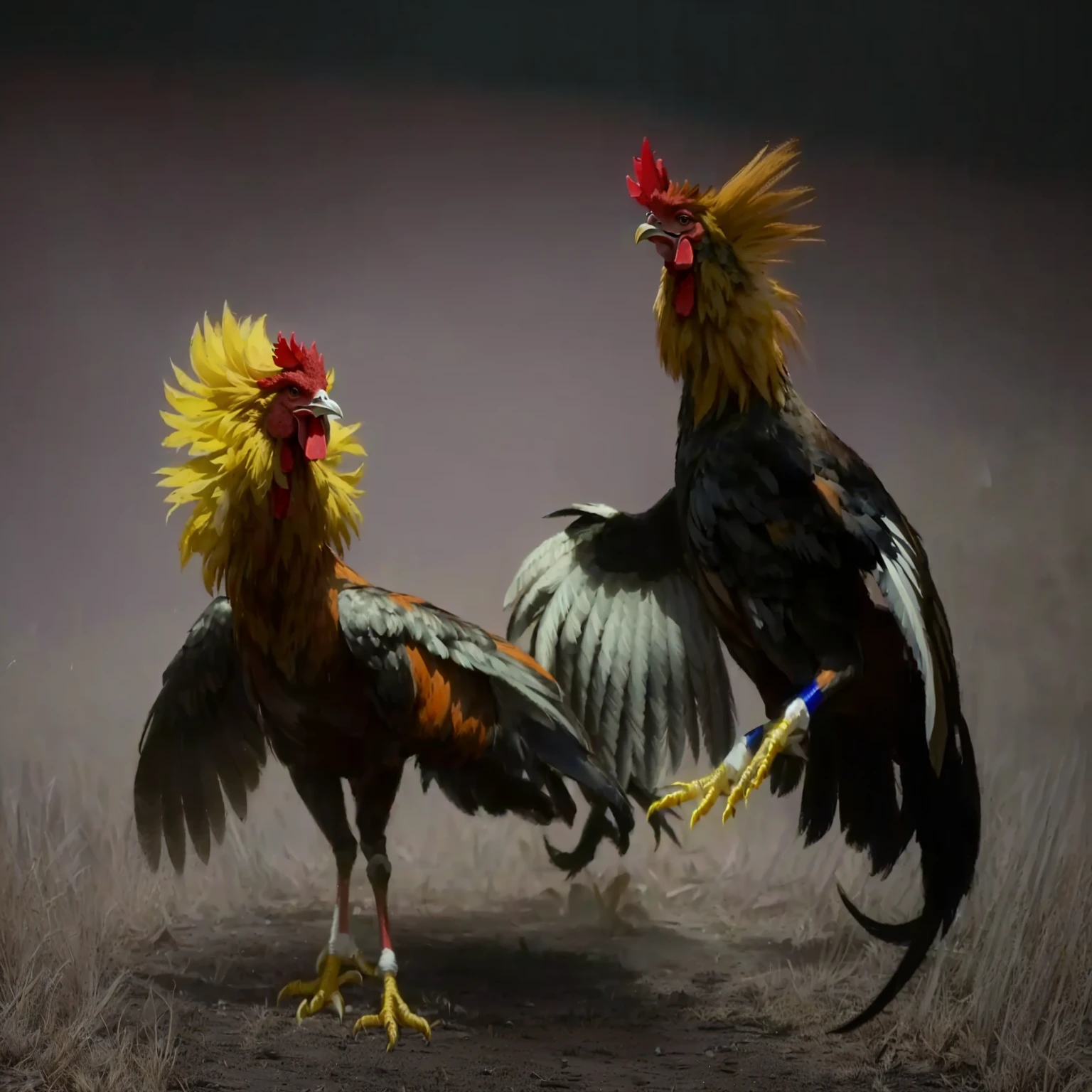 In both corners of the image there is a rooster's head, with a hateful expression and the two are fighting in a dark area with one looking at the other, they are fighting very angrily, they fight up close but only face to face, the king of the rooster . Face to face, even from an action film, a lively and arrogant expression, even from a nature documentary, facing off in a duel. very high contour resolution