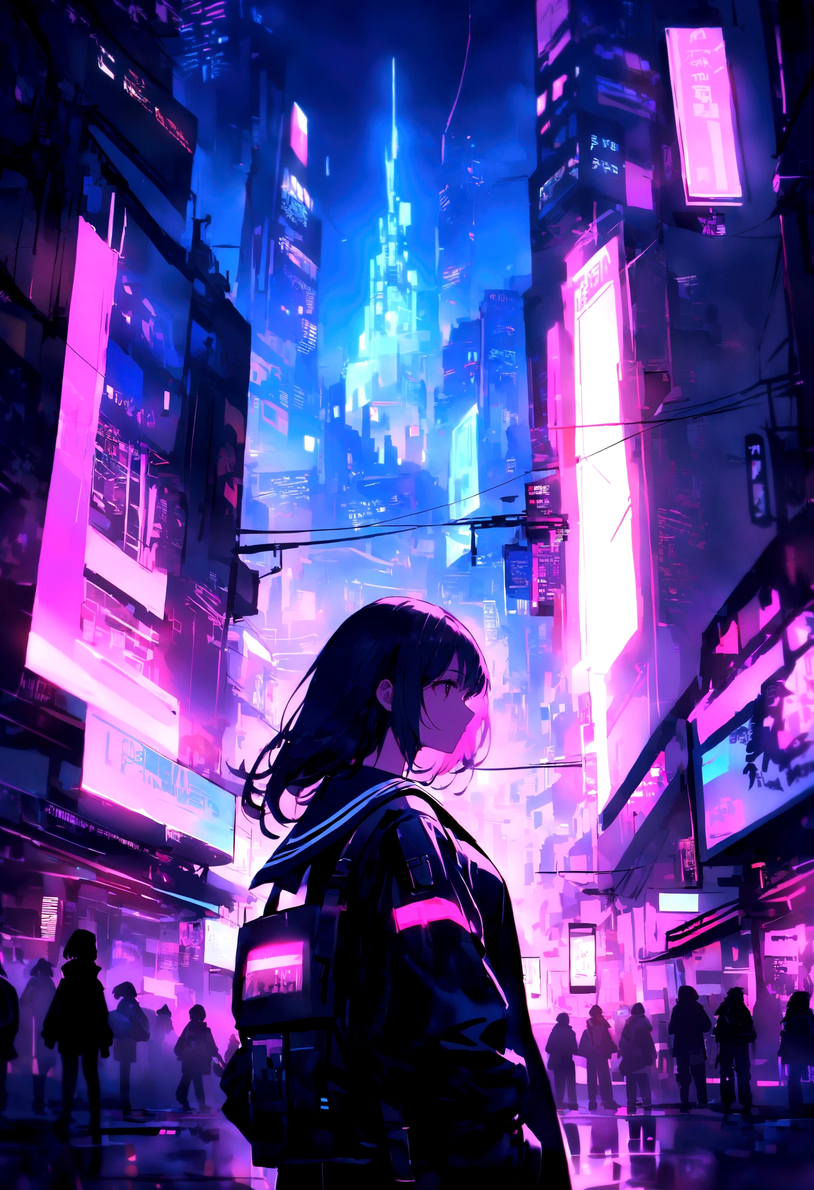 girl in cyberpunk style in a sailor suit, Ultra science fiction,Nothing to do with web images,Has a very unique personality,,Strongly reflected light,Ultra-delicate skin and clothing,Super soft hair,unity,Extreme science fiction, city in neon, a lot of signs like time square, on one it is written in capital letters "WHAT IS REAL", girl in silhouette