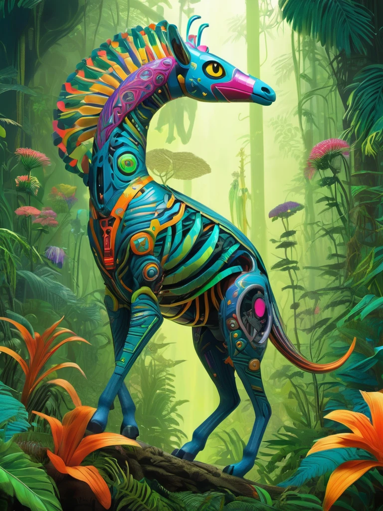 Future genetic engineering will incorporate living organisms into its work of art, Covered by fauna, flora. Alebrije, Masterpiece, hyper HD, Axonometric view, jungles. Cyberpunk
