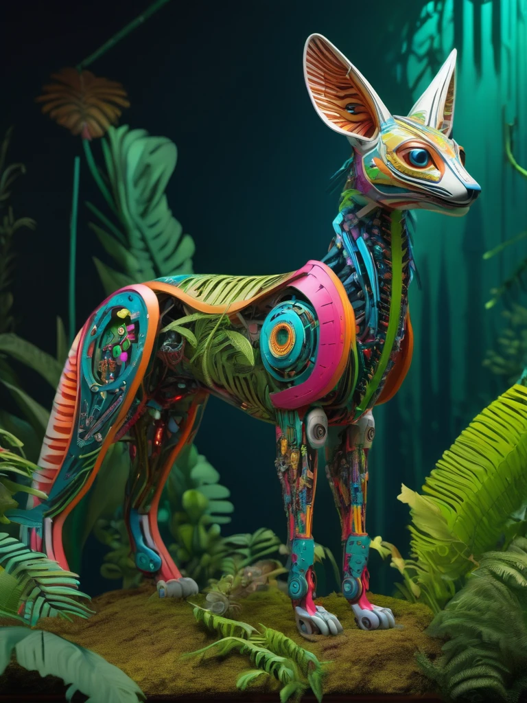 Future genetic engineering will incorporate living organisms into its work of art, Covered by fauna, flora. Alebrije, Masterpiece, hyper HD, Axonometric view, jungles. Cyberpunk