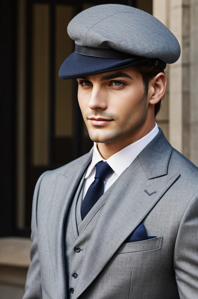 Create a man with light eyes in an elegant suit and a beret