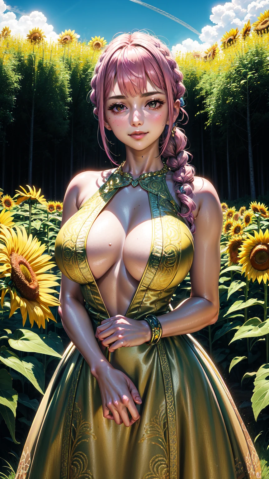 masterpiece, ((ultra detailed background, delicate pattern, intricate detail)), (highly detailed, fine details), best quality, beautiful lighting, (portrait),  Rebecca, 1girl, solo, braid, pink hair, long hair, ((slim girl, medium breasts, cowboy shot)), smile, yellow dress, fluffy dress, brown eyes, complex detailed background, sunflower, field, outside, nature environment, blue sky, sky, tree, 