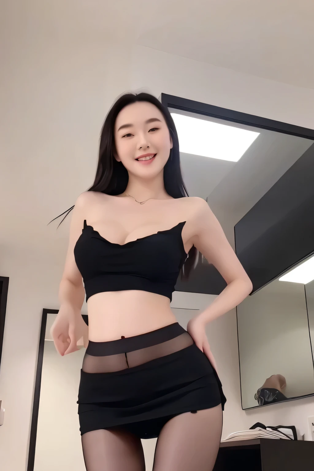 masterpiece, best quality, masterpiece, A woman,20-year-old sexy model, Bare breasts, Full breasts, The skirt is very short, Long legs, fit, Black pantyhose,Posing for photos, (best quality, high resolution, Perfect lighting), Smile, ((whole body)), ((From below))