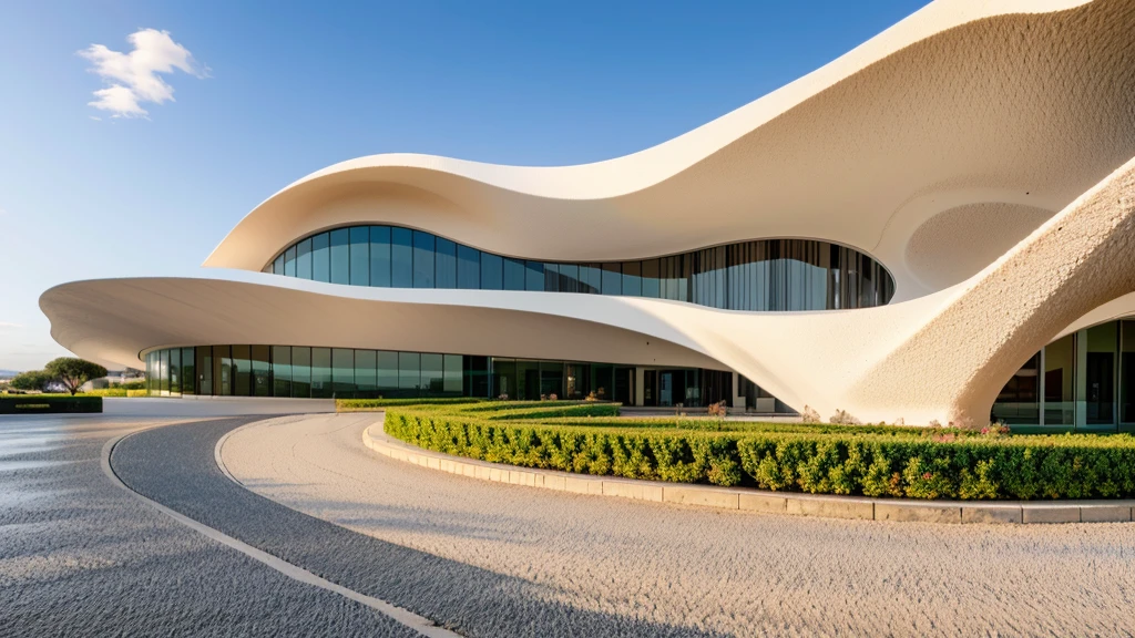 raw-photo, (biomorphic museum building seen from outside), ((front elevation)), (limestone), Curvilinear, curved edges, Mediterranean sea environment, (dARK light:1.3) (white sand), minimal style, dirty particles, architectural photography, hyperrealisti, super verbose, 8K, Nikon Z6 mirrorless camera, Film grain, NIGHT LIGHT:1.5, RAIN:1.5