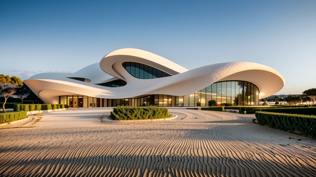 raw-photo, (biomorphic museum building seen from outside), ((front elevation)), (limestone), Curvilinear, curved edges, Mediterranean sea environment, (dARK light:1.3) (white sand), minimal style, dirty particles, architectural photography, hyperrealisti, super verbose, 8K, Nikon Z6 mirrorless camera, Film grain, NIGHT LIGHT:1.5, RAIN:1.5